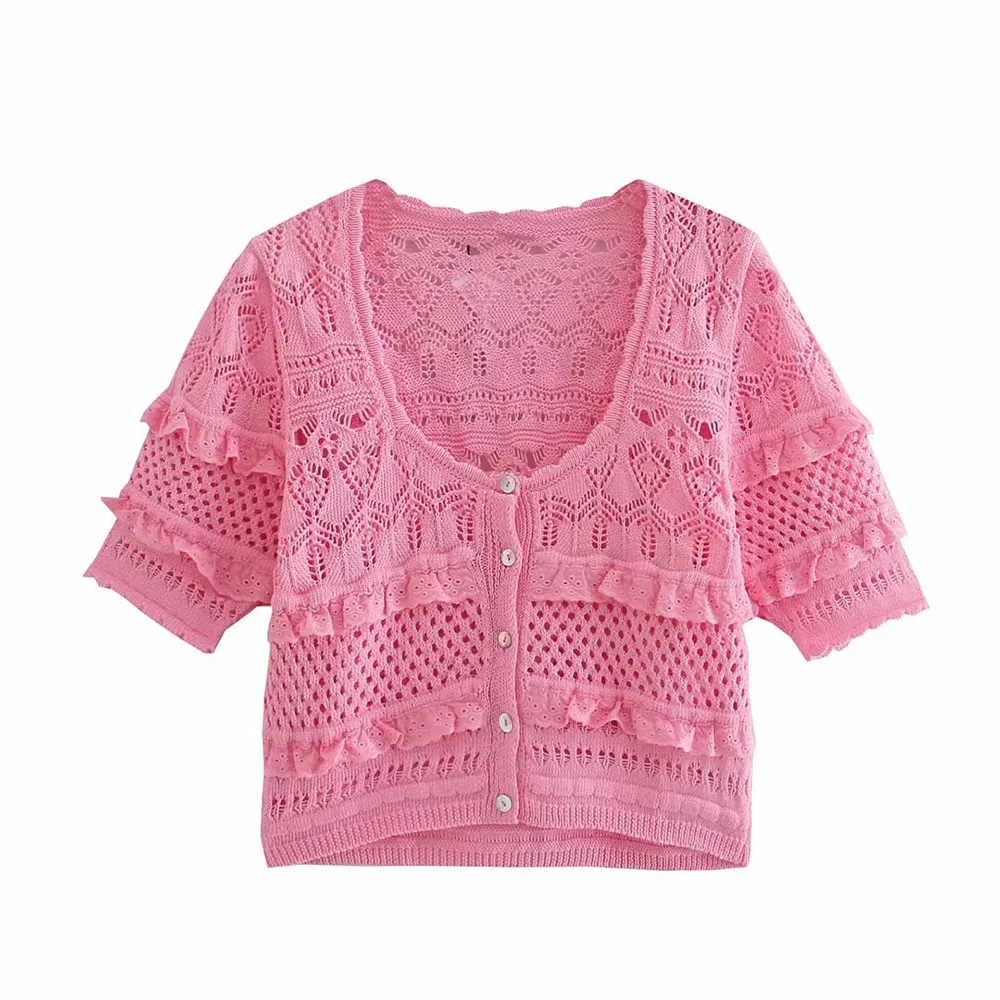 

BBWM, Новинка лета 2021, Женский Винтажный Розовый, милый вязаный кардиган для девушек, Женский облегающий топ с круглым вырезом и вырезами