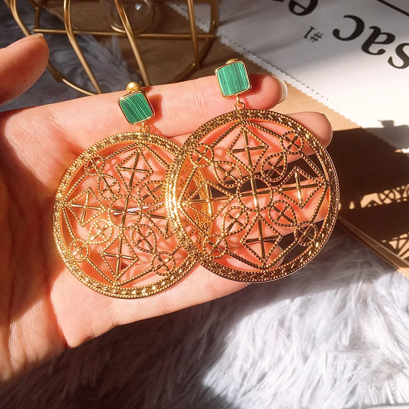 Fashion Fancy Hollow Faceplate Pendant Earrings Green White Malachite Studs For Women Brand Jewelry | Украшения и аксессуары