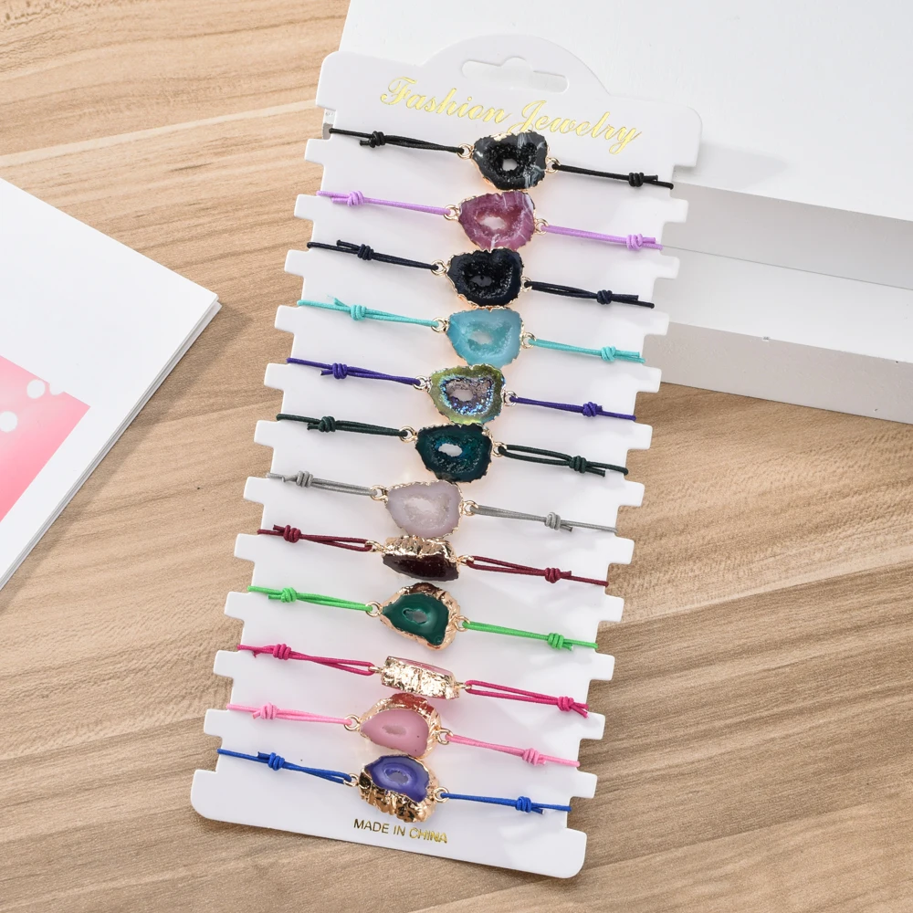 12 pcs/lot Natural Stone Drusy Charm Bracelets For Women Men Handmade Elasric Rope Bracelet Wristband Bohemia Children Jewelry