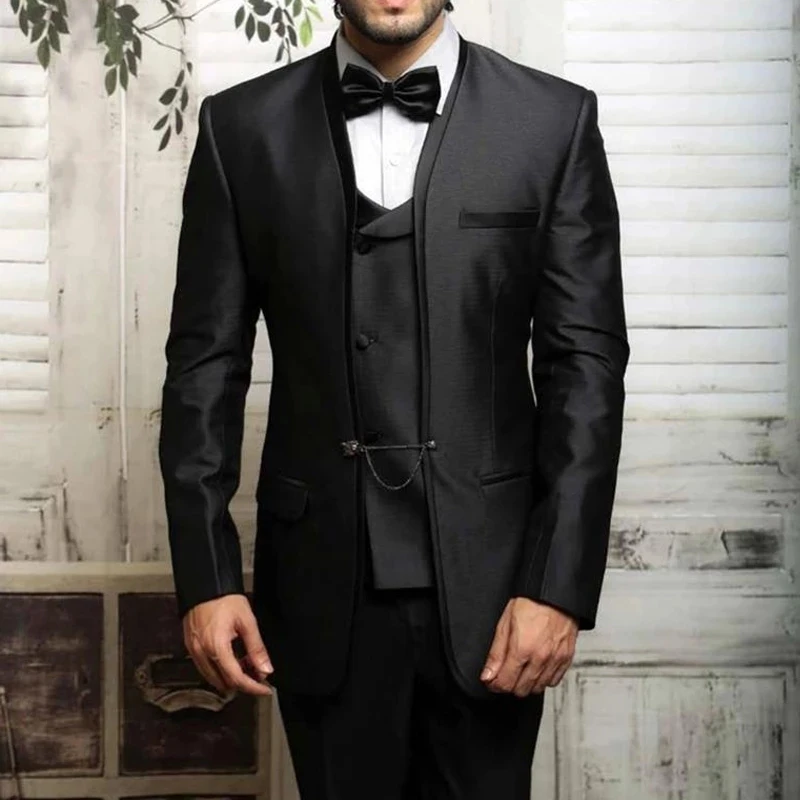 

Latest Design High Quality Black Men Suits Costume Homme Groom Tuxedos Terno Masculino Wedding Dress Buttonless Blazer 3 Pieces