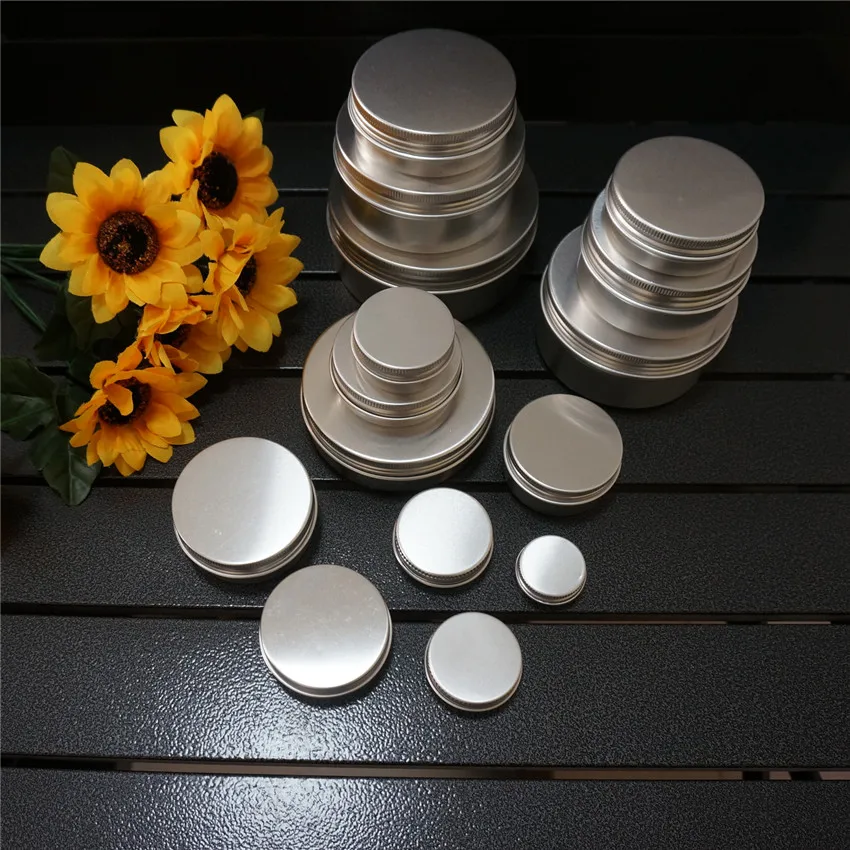 

5/10/15/20/30/50/60/80/100/150/200/250g silver empty round aluminum box metal tin cans cosmetic cream DIY refillable jar tea Pot