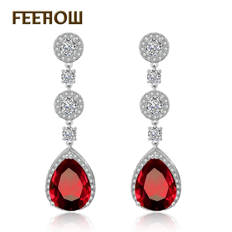 Red FEEHOW, классические, прозрачные, AAA, кубический циркон, капля воды, длинные, модные серьги-подвески для женщин, для свадьбы, ужина, вечерние, ювелирные изделия, FWEP2008 - Окраска металла: Red