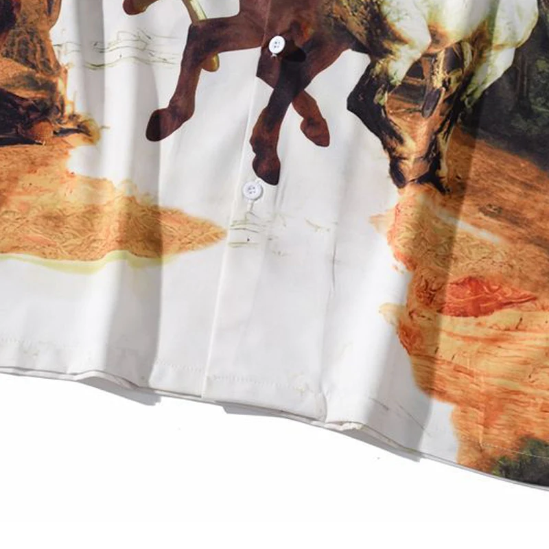 

ELKMU Hawaiian Shirt Streetwear Hip Hop Graffiti Horse Print Casual Summer Short Sleeve Beach Shirts Top Male Hipster HE530