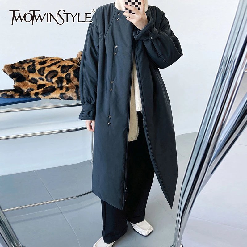 

TWOTWINSTYLE Casual Thick Cotton Coat For Women Round Neck Loose Long Sleeve Plain Single Breasted Coats Female 2021 Winter New