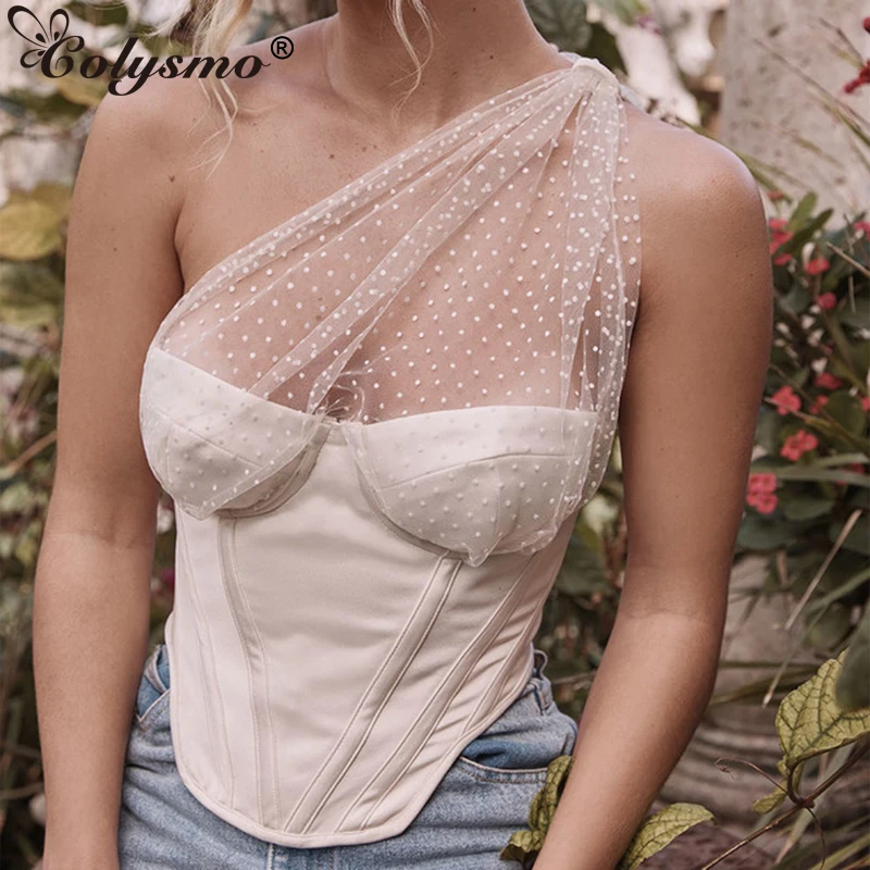 

Женский винтажный укороченный топ Colysmo, Бюстье на одно плечо с прозрачной сеткой в горошек, летний сексуальный обрезанный корсет белого цве...