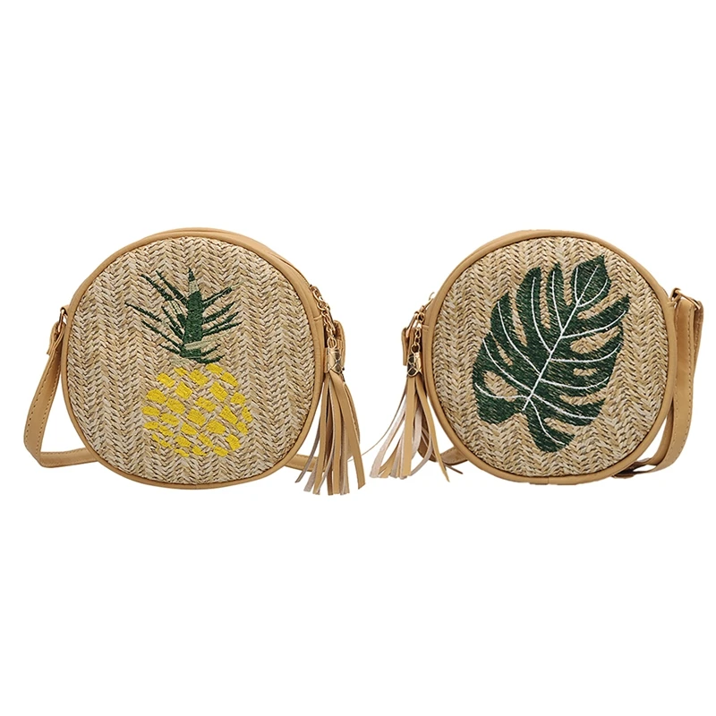 

Embroidered Straw Bag Handmade Woven Round Shoulder Bag Tassel Crossbody Bag Beach Bag Circle Bohemia Handbag