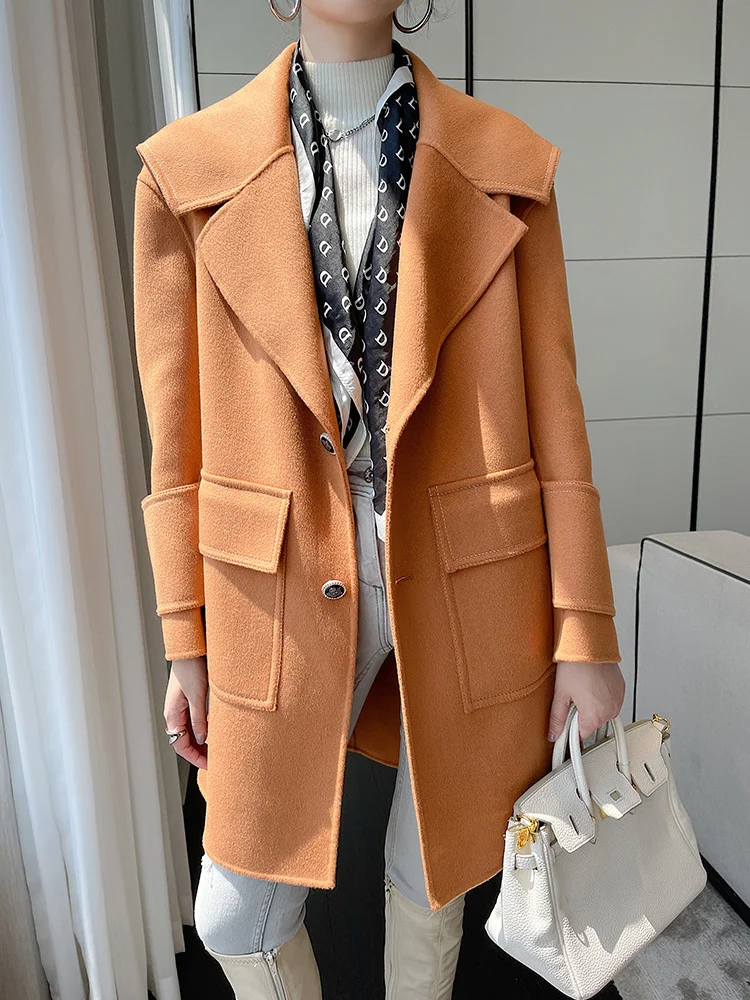 

Женское двустороннее кашемировое пальто Shzq, свободное шерстяное пальто средней длины с воротником в морском стиле, Осень-зима 2021