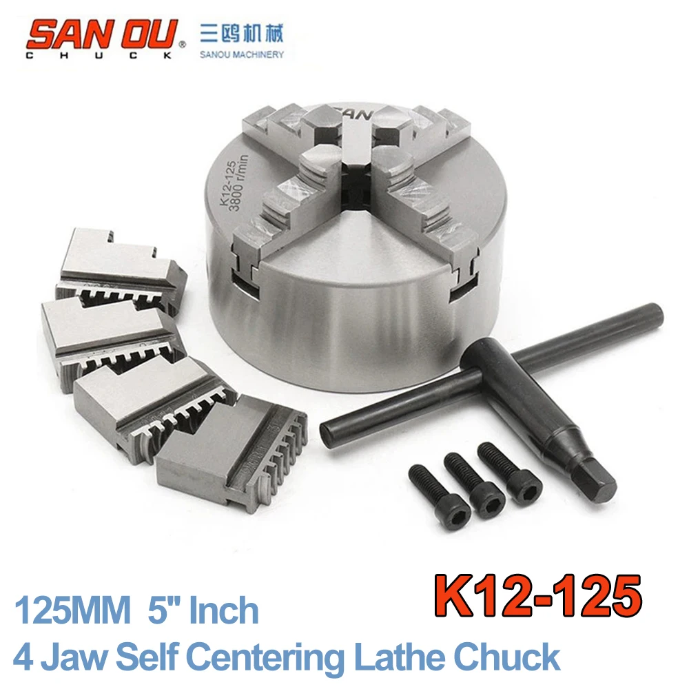 

4 Jaw Chuck 125MM 5'' Self Centering Lathe Chuck SANOU K12-125 Reversible Mounting Drilling Milling Woodworking CNC Tool Drill