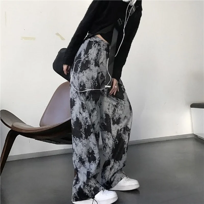 

QWEEK Harajuku Tie Dye Women Sports Pants Streetwear Jogging Wide Trousers Female Korean Street Style High Elastic Waist Summer