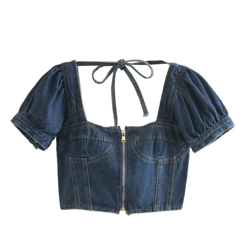 Женская футболка с открытой спиной джинсовая лето 2020|Футболки| |