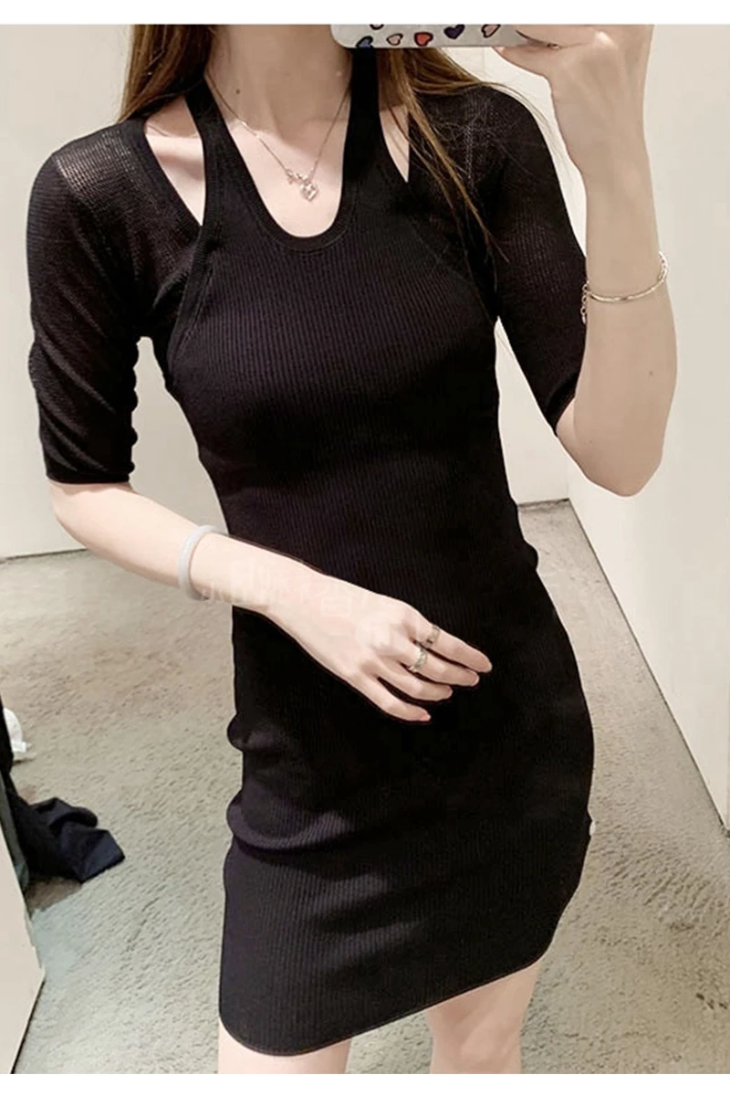 

Spring and Summer New Style Fake Two Piece Suspender Fitted Dress Women V-neck Temperament Off Shoulder Knitted Skirt A2