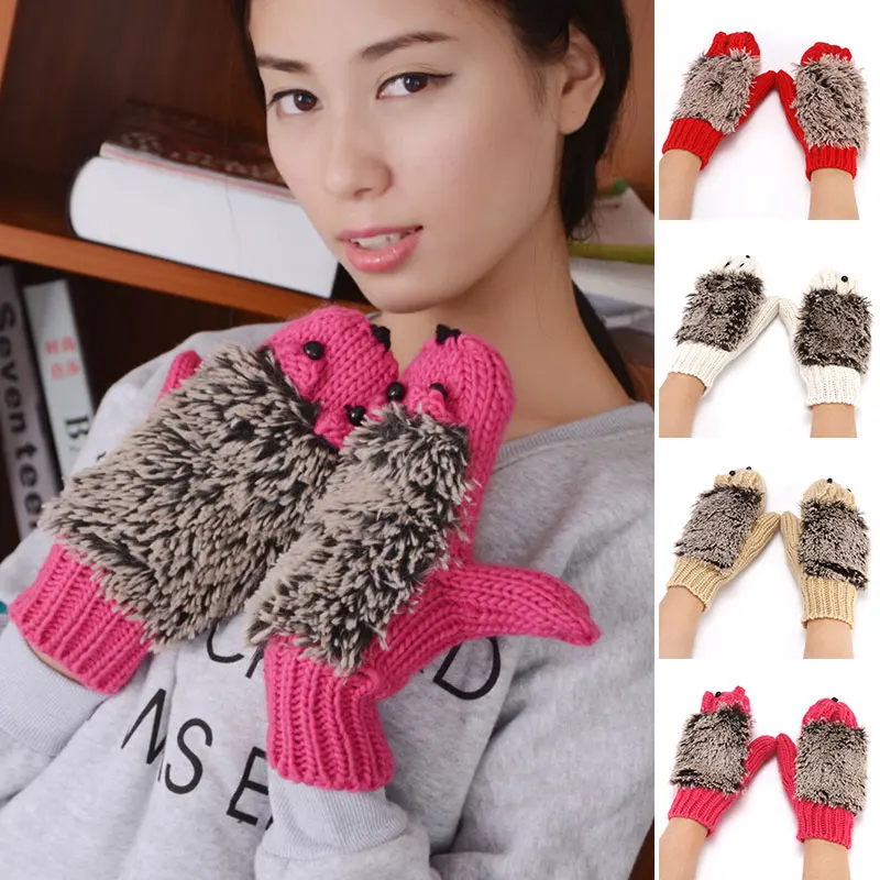 

Women Winter Creative Soft New Gloves Without Fingers Knitting Wool Cute Warm Mittens Fingerless Cartoon Hedgehog Warm Gloves