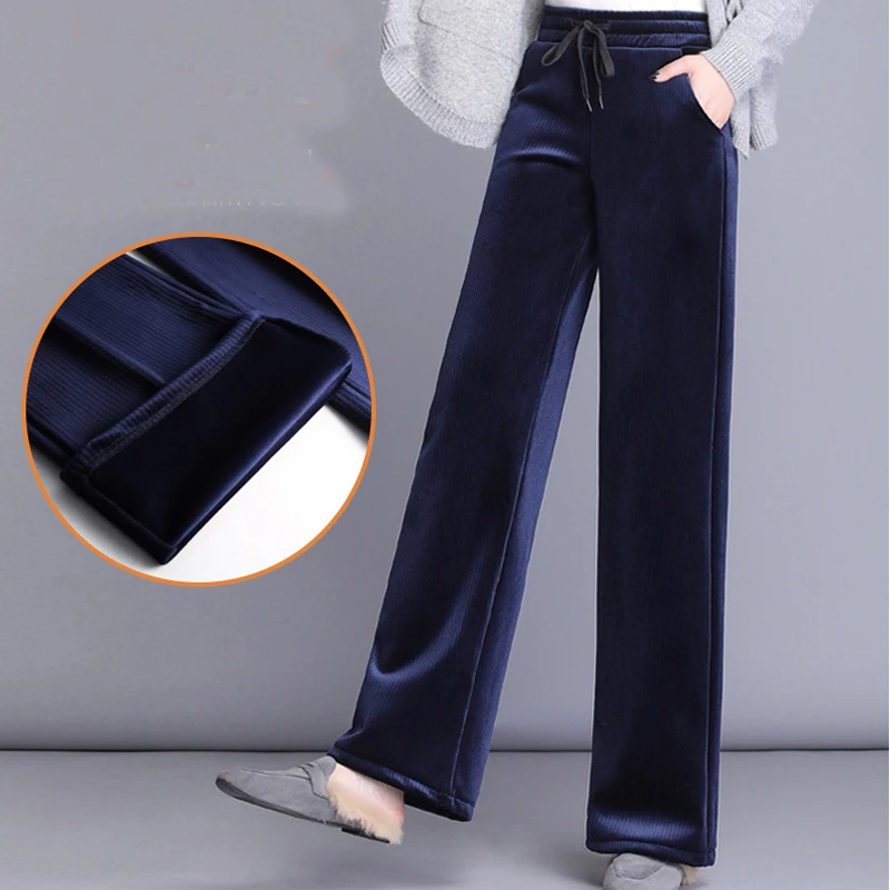 blue with velvet Новые модные вельветовые лакированная бархатный ребристый бархатный, вельветовый ткань прямые брюки; свободные для женщин; Большие размеры 4xl 5xl 6xl Для женщин зима-осень Весна Повседневное брюки цвет: черный, синий - Цвет: blue with velvet