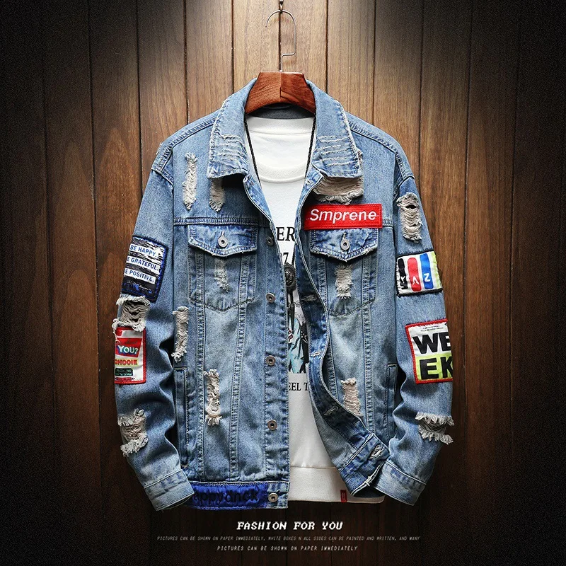 Men's Retro Denim Jacket Fashion Brand Casual Print Black Blue Cloth Edge Streetwear Male Outerwear Hippie Punk Motorcycle