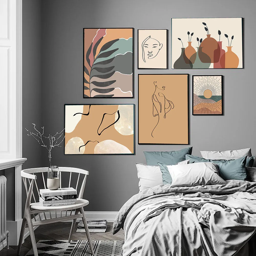 

Boho Abstract Sun and Leaf Canvas Painting Wall Art Nordic Posters and Prints Wall Pictures for Living Room Decoration Frameless