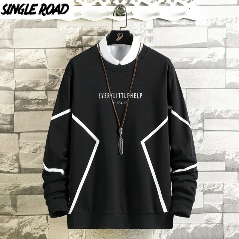 SingleRoad Для мужчин толстовка с круглым вырезом на шее 2020 черного цвета больших