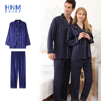 hnmchief blue couple pyjamas suit woman man pajamas set sleepwear top and pants homewear spring sleepshirts silk nightgown