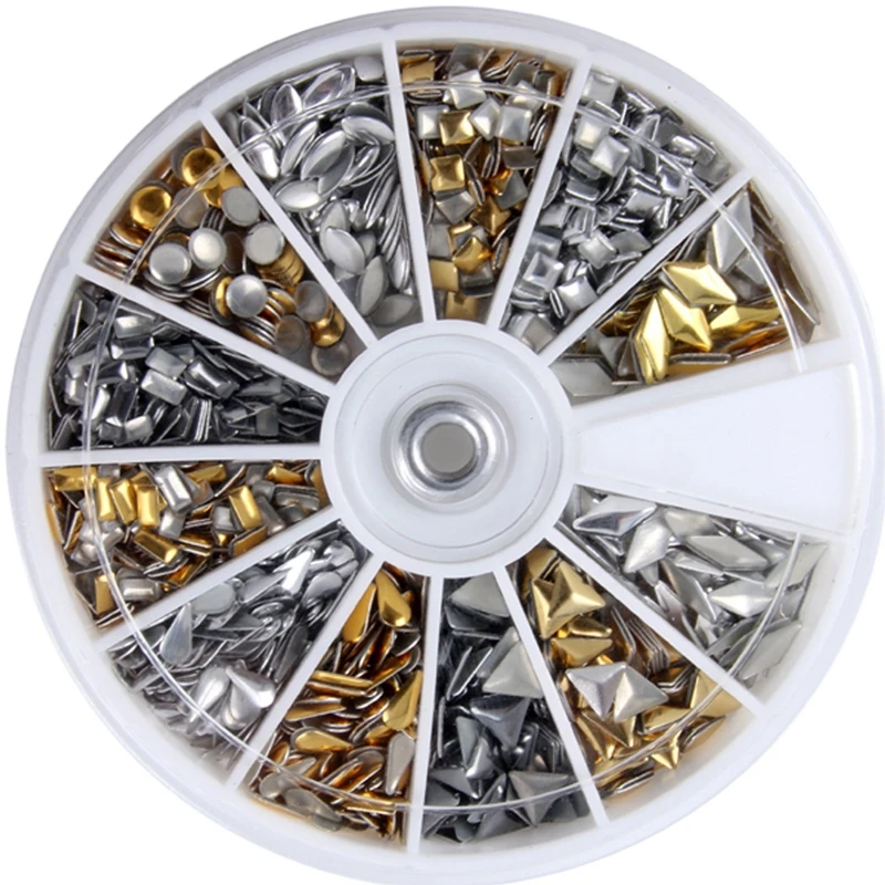 

600 Pcs 3D Design Nail Art Different Metallic Studs Gold & Silver Stud Wheel Manicure