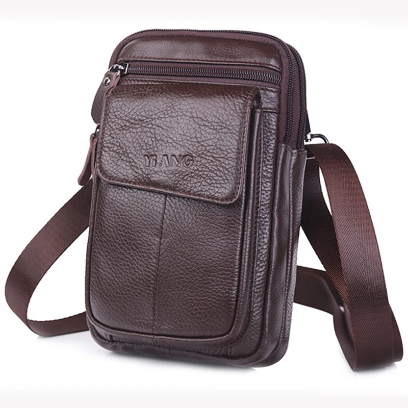 

Genuine Leather Men Small Messenger Shoulder Fanny Bags Purse Hook Fashion Cross Body Belt Pack Casual Cell Phone Case Waist Bag
