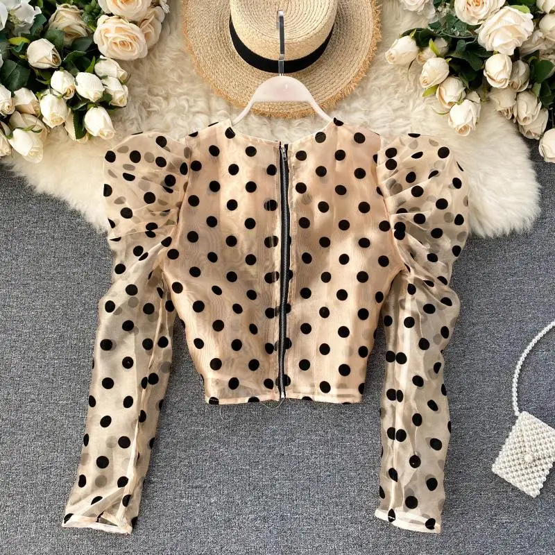 Ретро в горошек с принтом женский дизайн буфами на рукавах короткая блузка топы