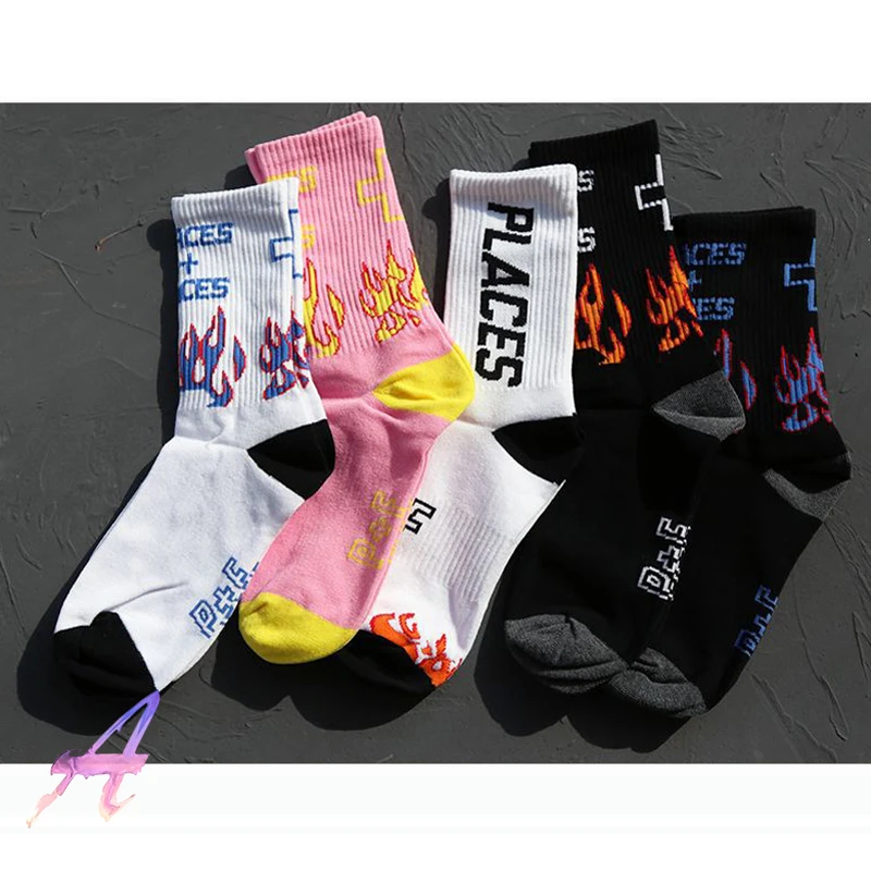 

PLACES+FACES Tube Socks High Quality Flame Letters Pure Cotton Tube Socks P+F Street Hip Hop Men's Women's Sports Socks