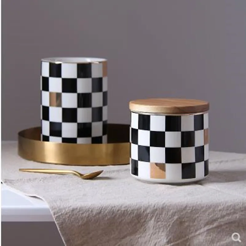 

EUROPEAN GEOMETRIC PATTERN CERAMIC STORAGE TANK, TEA POT CANDY POT, HOME OFFICE DESKTOP DECORATION GIFT, ARTWORK