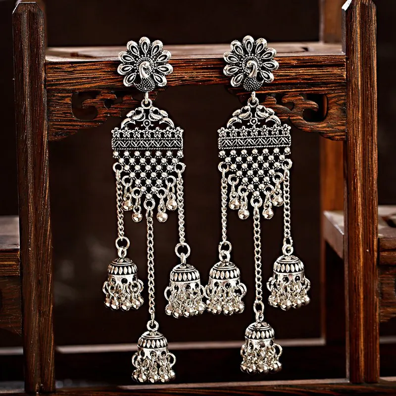 

Antique Ethnic Indian Jhumka Women Retro Bell Long Tassel Earrings Metal Animal Peacock Hollow Hangling Earrings Gypsy Jewelry