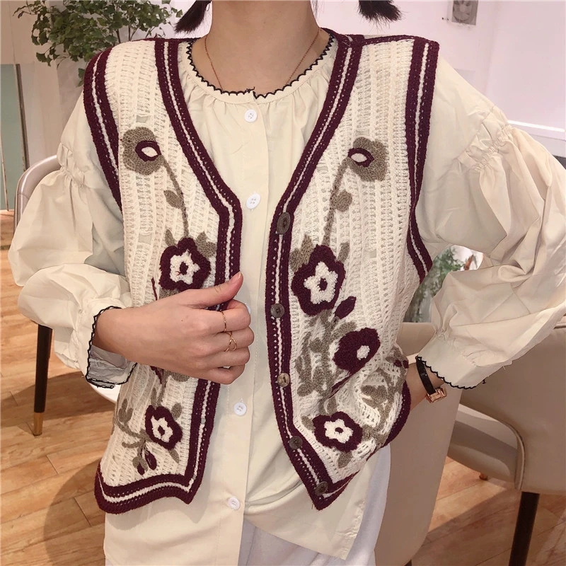 

Retro Embroidered Knitted Vest 2021 Spring New Short V-neck Versatile Crocheted Hollow out Outer Match Vest Top for Women