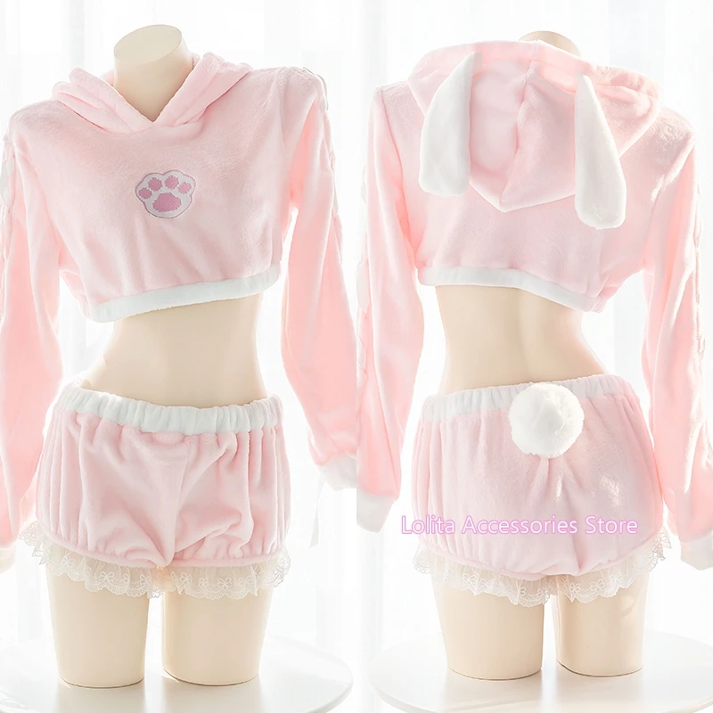 

Pink Lovely Plush Homewear Sweet Lolita Hollow out Hooded Short Hoodies + Cute Ruffle Rabbit Tail Bead Shorts Pajamas Set