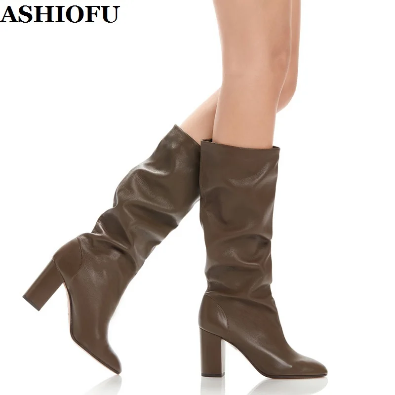 

ASHIOFU/новые стильные женские сапоги ручной работы на не сужающемся книзу массивном каблуке; Вечерние пикантные сапоги до колена для выпускно...