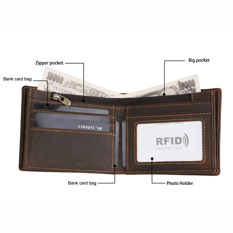 

2018 Vintage Crazy Horse Handmade Leather Men Wallets Multi-Functional Cowhide RFID Genuine Leather Wallet For Men