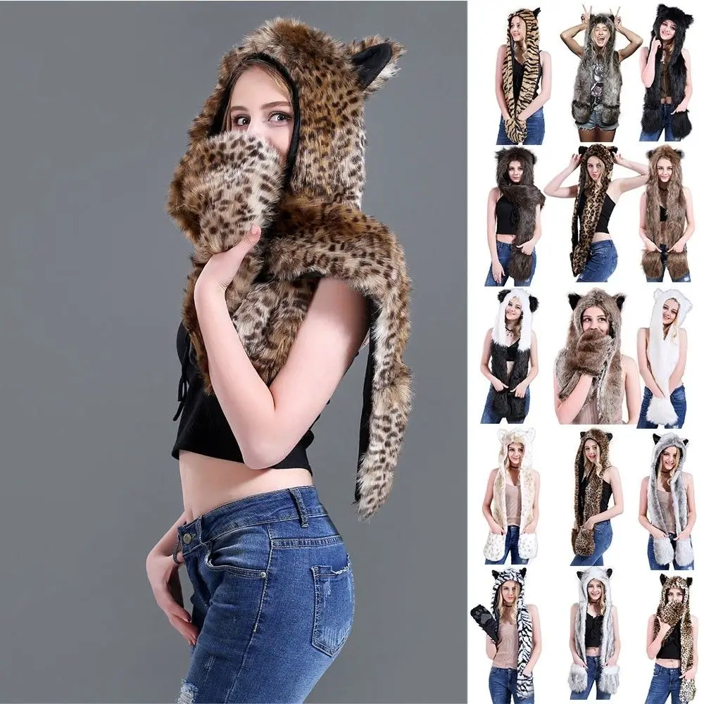 Шапка из искусственного меха с капюшоном и мультяшным животным варежки ушками