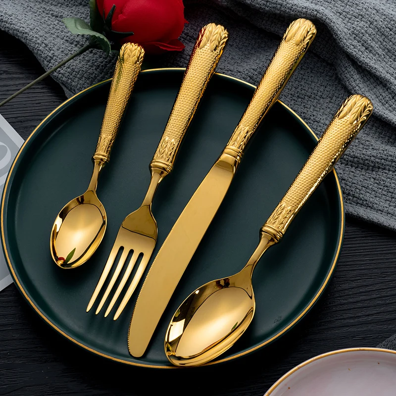 

Stainless Luxury Cutlery Set Retro Gold Western Metal Tableware Steak Knife Fork 4 Pcs Cubiertos Reusable Dinnerware Set MM60CJ