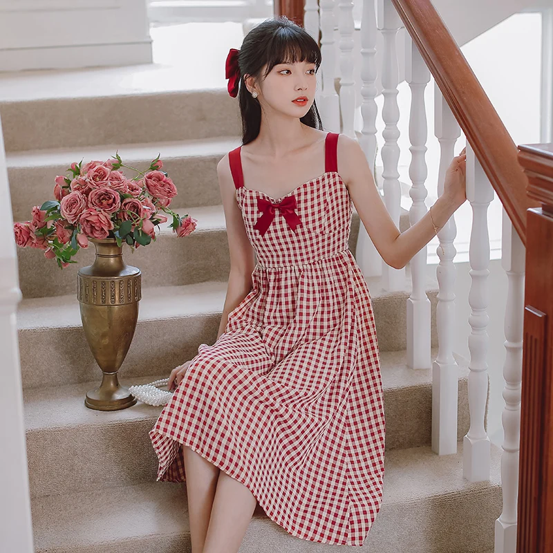 

Mori Girl Vintage Plaid Summer Women Suspender Dress Sweet Bow Preppy Style Casual One Piece Korean Dresses Female Vestidos