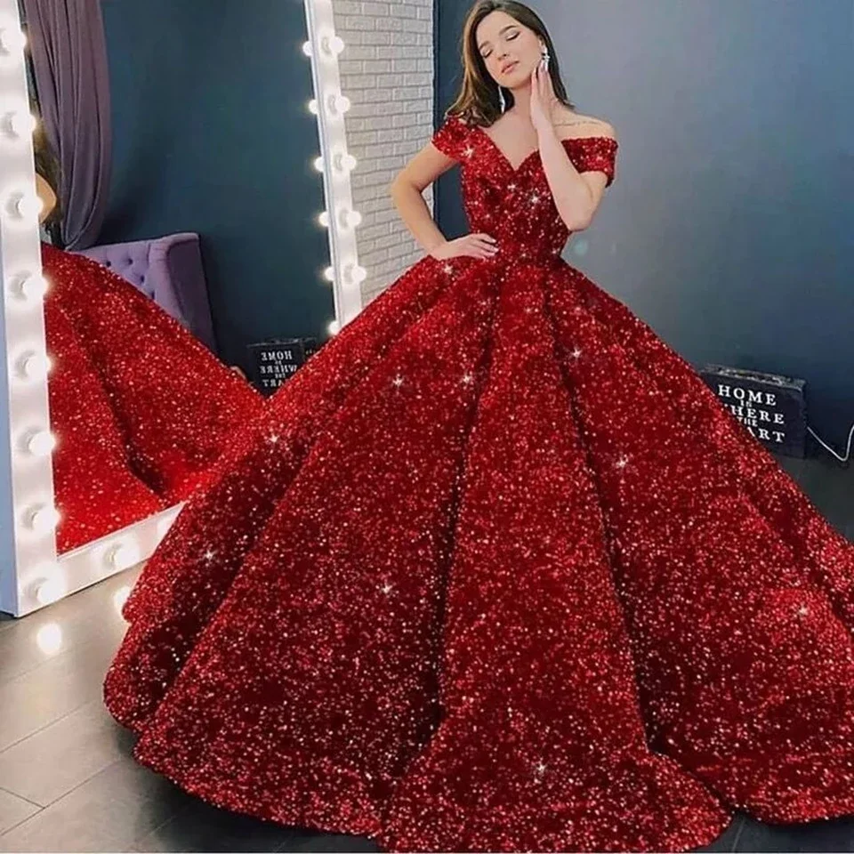 

Sparkly Burgundy Evening Dress Long 2023 robe de mariee Off Shoulder Sequins Lace Up Ball Gown Formal Dresses Reflective Pageant