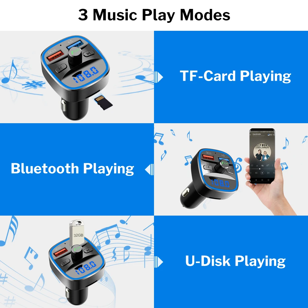 Fm-передатчик Bluetooth 5,0 автомобильный модулятор беспроводной комплект громкой связи Авто Аудио MP3 плеер Быстрая зарядка QC3.0 двойной USB зарядное устройство