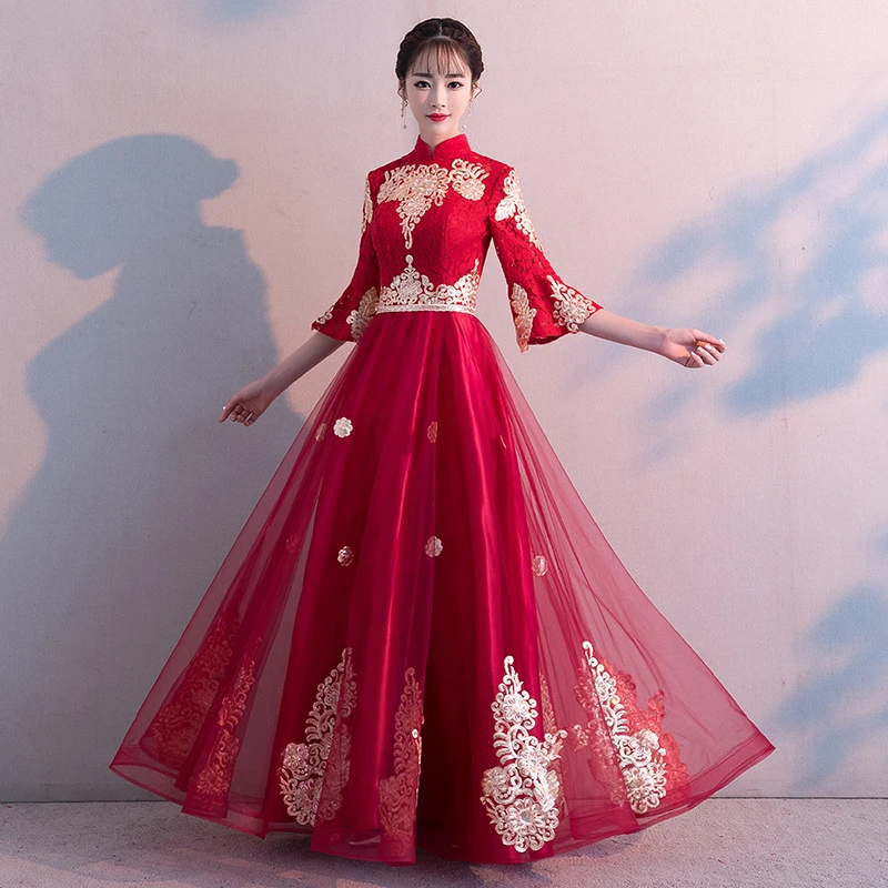 

Red Embroidery Chinese Wedding Dress Bride Qipao Party Dresses Long Girls Cheongsam Oriental Style Evening Dress Robe Chinoise
