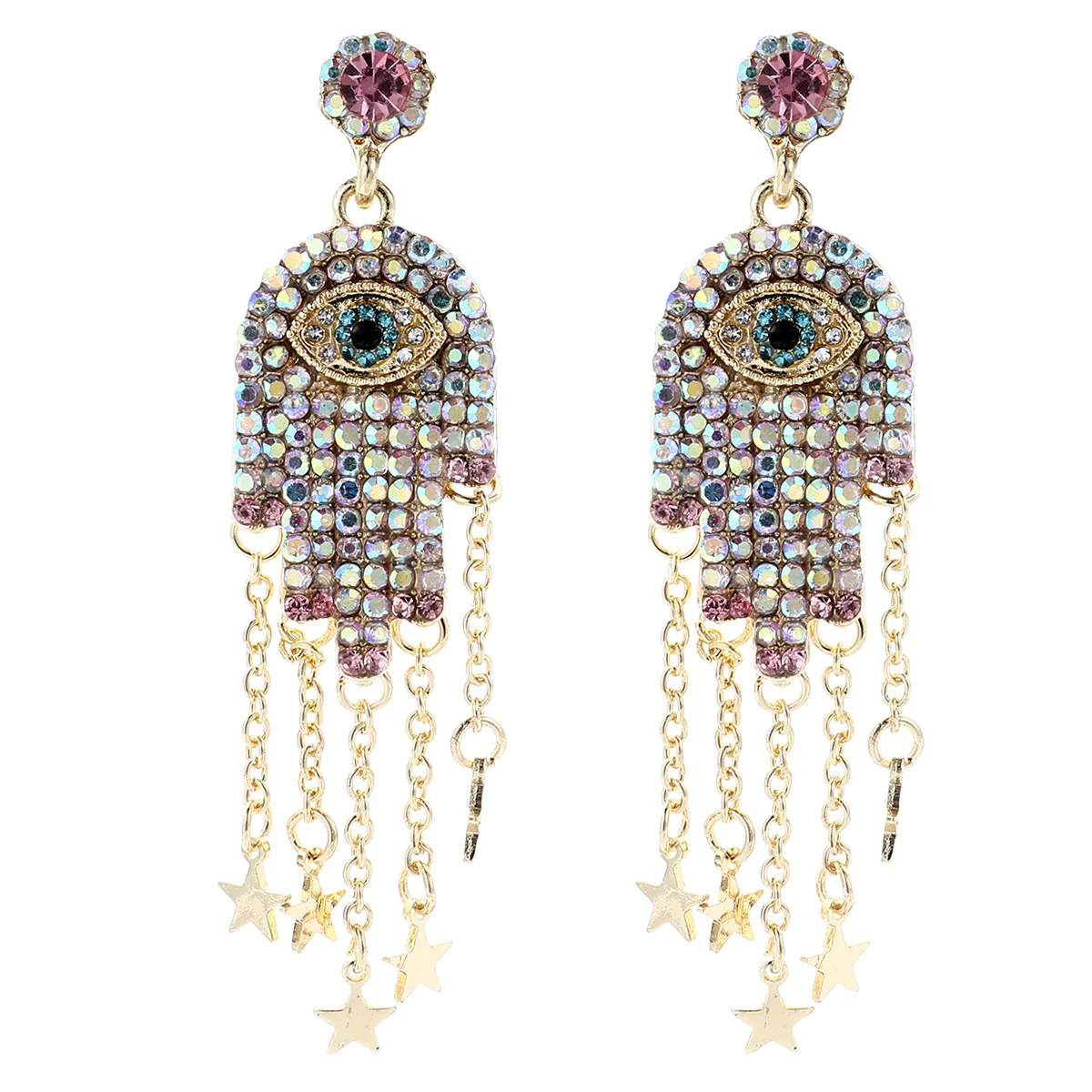 

1pair Bohemia Gems Turkish Lucky Evil Eyes Long Star Gold Tassel Drop Crystal Clip-on Earrings Dangle Studs Hook For Women 2021