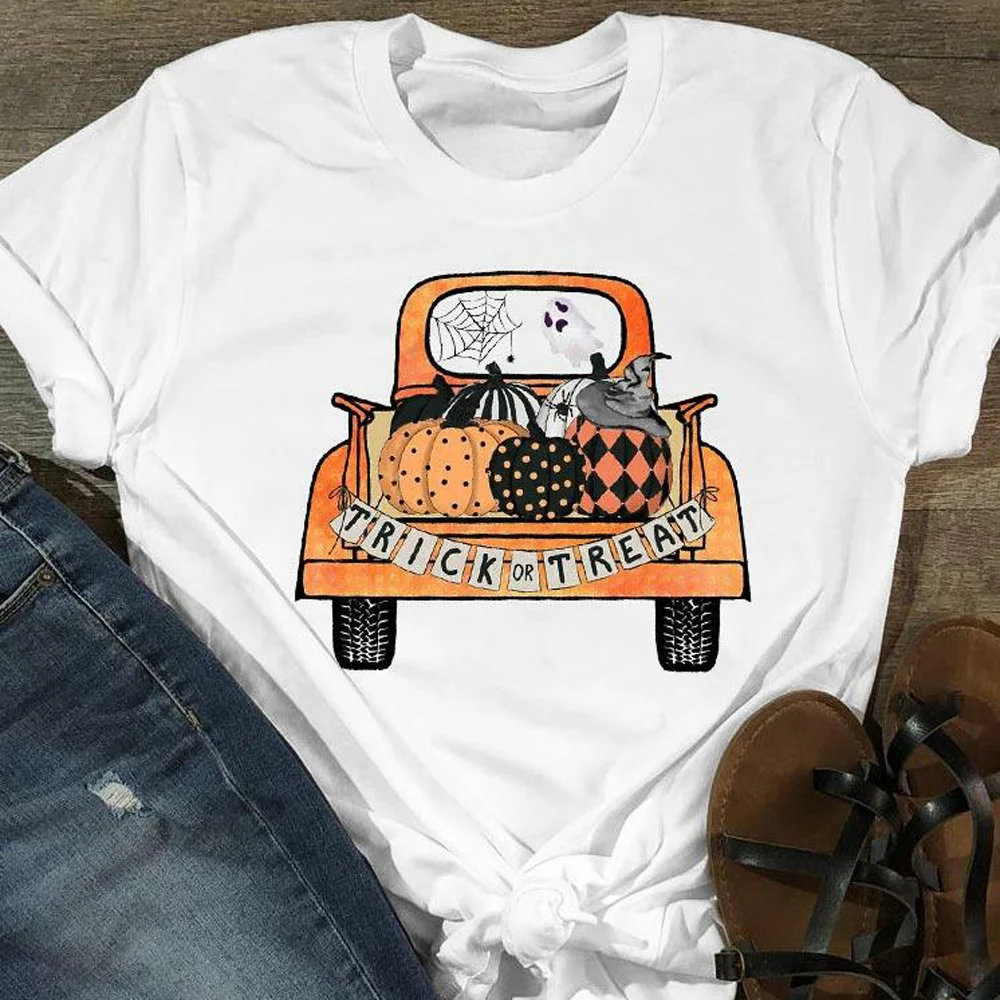 

Track Or Treat Letter Print Summer Women T-shirt Halloween Clothes Oversized Woman Tops O-Neck Casual Vintage Femme T-shirts
