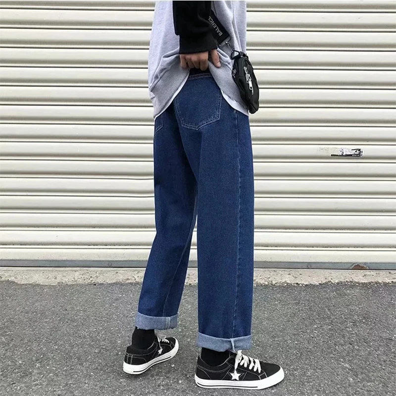 

Men Jeans Straight Denim Leisure Loose Chic Punk Baggy Teenagers All-match Harajuku Trendy Ankle Length Trousers Cowboy Solid