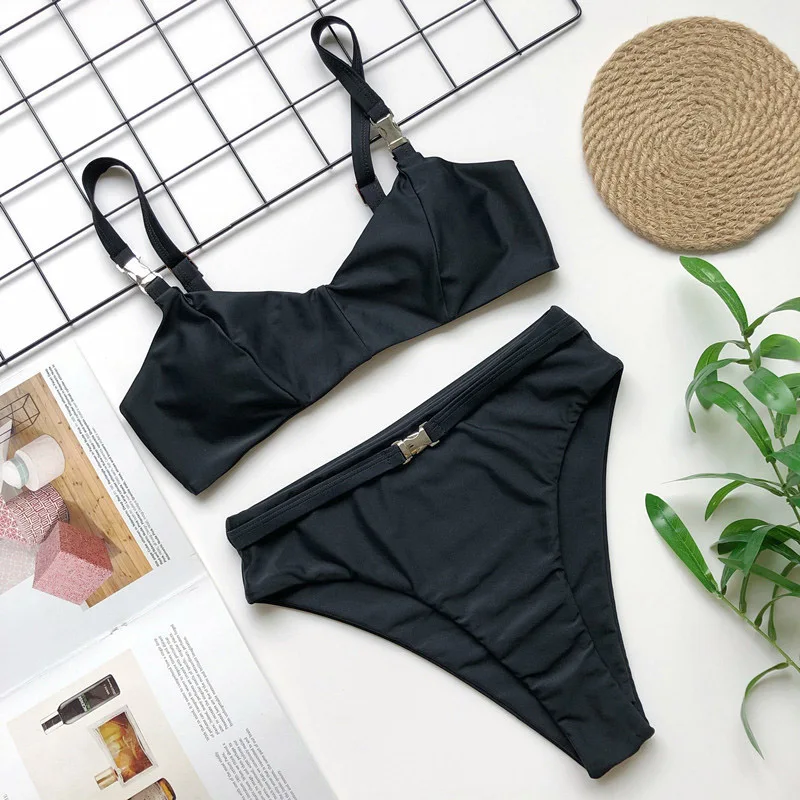 INGAGA High Waist Brazilian Bikinis Sexy Push Up Swimsuit Female Solid High Cut Swimwear Women Black Belted New Biquini
