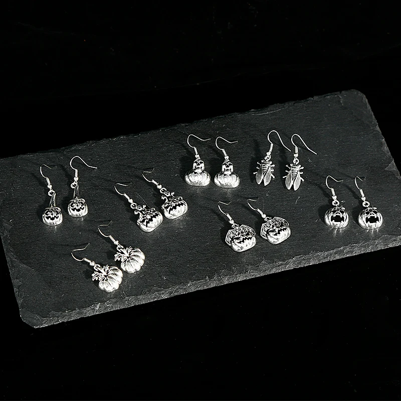 Vintage Halloween Necklace Earrings Set Carved Pumpkin Skull Ghost Fly Bat Charm Pendant Hook Cosplay Jewelry | Украшения и