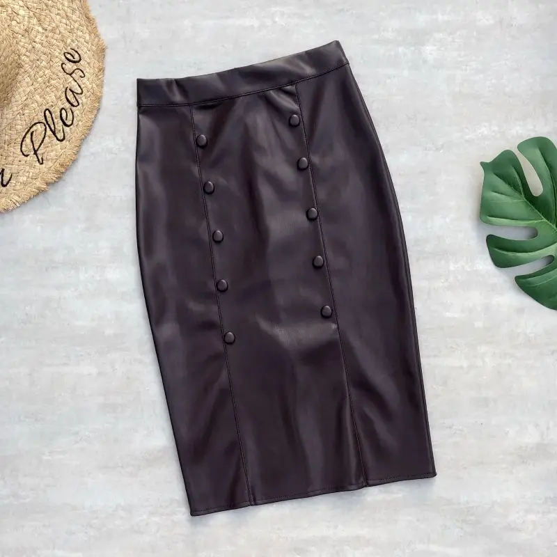 

SURMIITRO 2021 Autumn Winter PU Leather Midi Skirt Women Korean Style Black Double Breasted High Waist Pencil Split Skirt Female