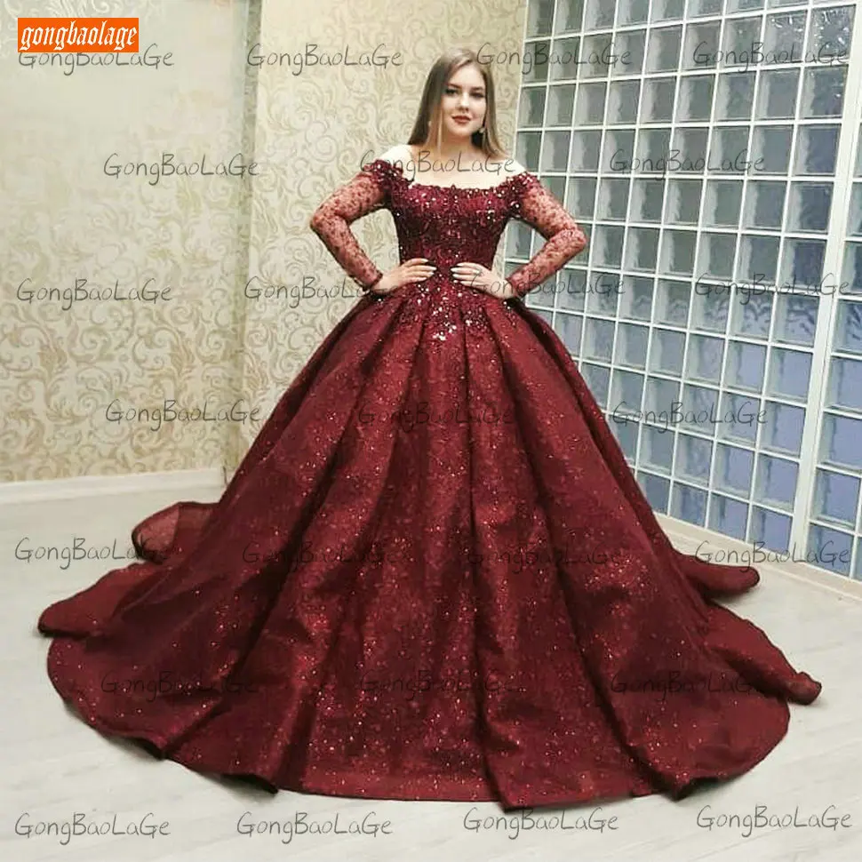 

Роскошные арабские Свадебные платья на шнуровке с длинным рукавом Vestido De Noiva 2021 Свадебные платья с бордовым бисером Индивидуальные свадебны...