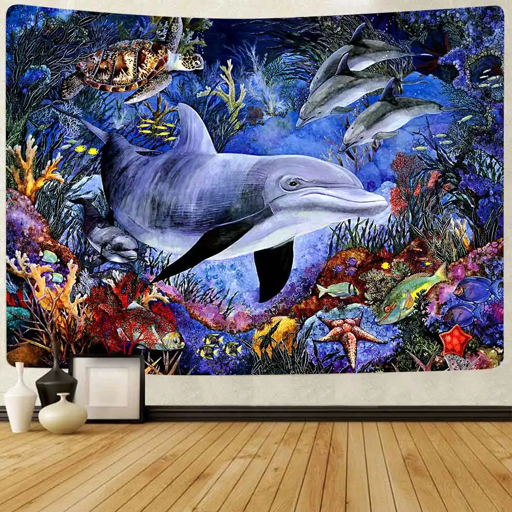 

Sea Ocean Dolphin Tapestry Tropical Fish Art Wall Hanging Tapestries for Living Room Bedroom Home Blanket Dorm Decor