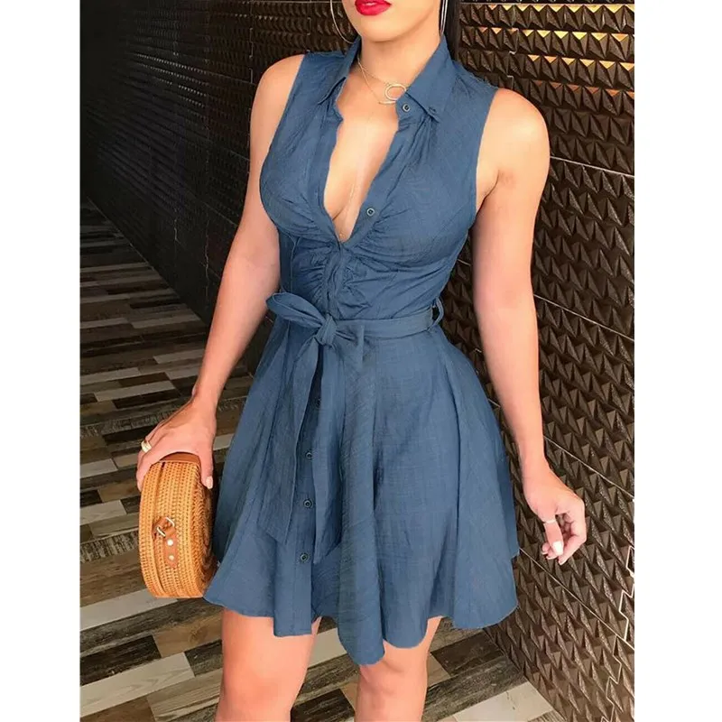 

Women Ladies Blue Jeans Denim Sleeveless Casual Evening Party Short Mini Dress Summer Sundress
