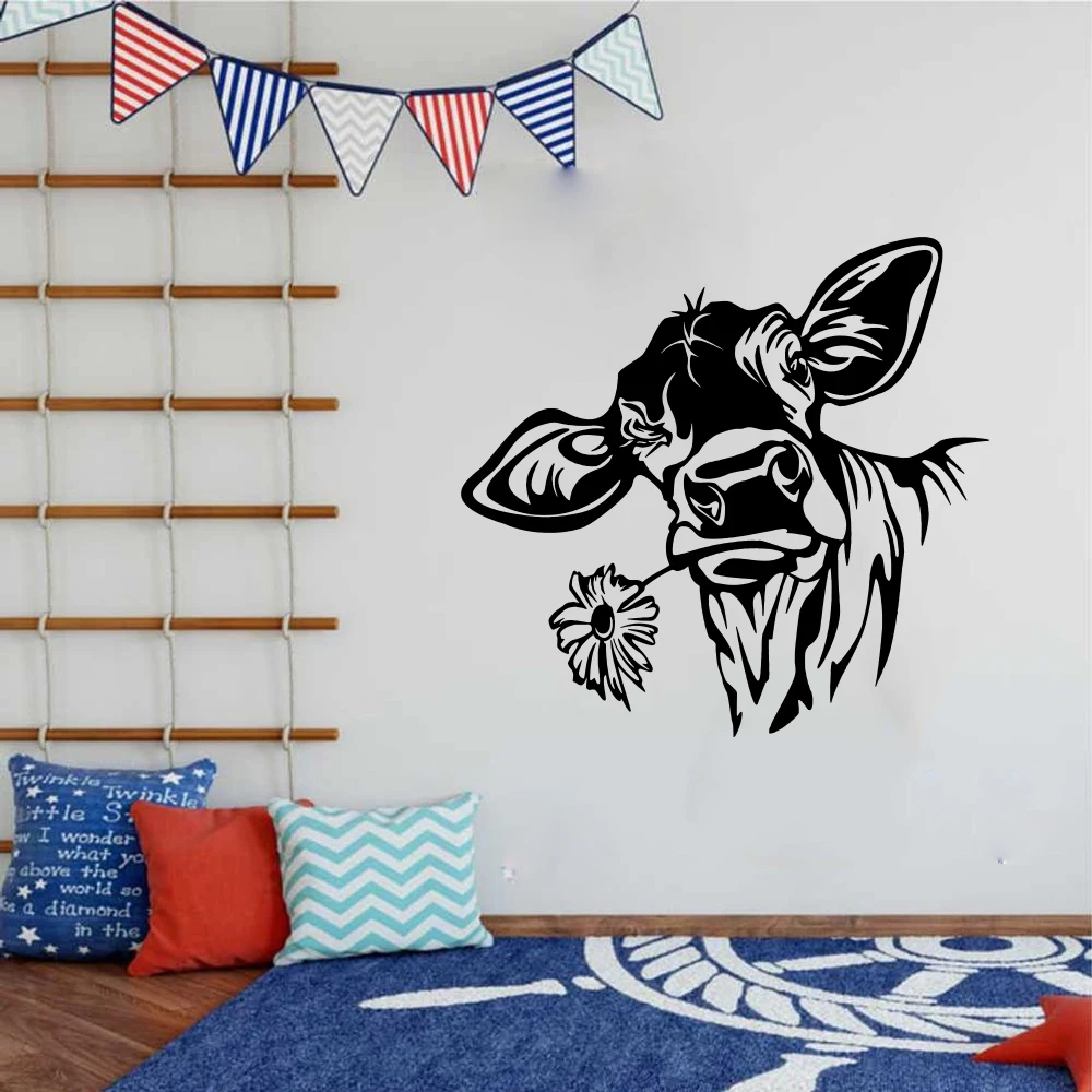 Мультяшная корова с цветком наклейка на стену детская комната Телячья голова