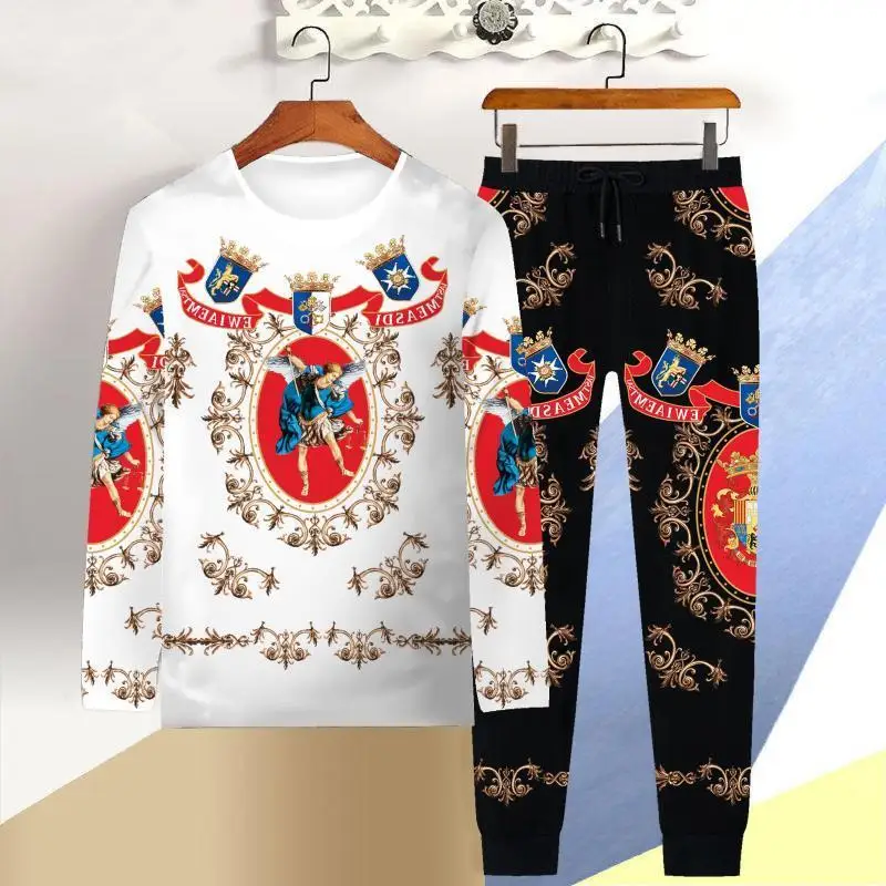 

Hot sale autumn and winter long-sleeved T-shirt men 3D tiger casual T-shirt trousers 2 piece clothes Chinese style dragon suit