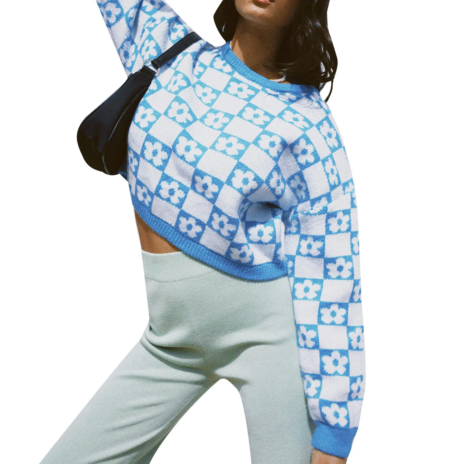 

2021 Women Blue Print Round Neck Sweaters Long Sleeve Checkerboard Floral Print Loose Knit Crop Tops