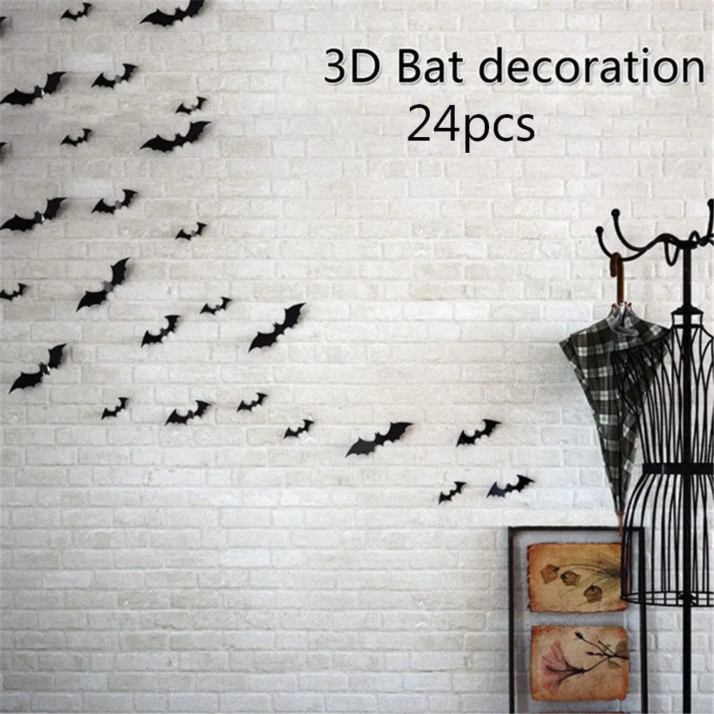 24 шт 3D наклейки на Хэллоуин летучая мышь DIY настенные украшения для вечерние ПВХ